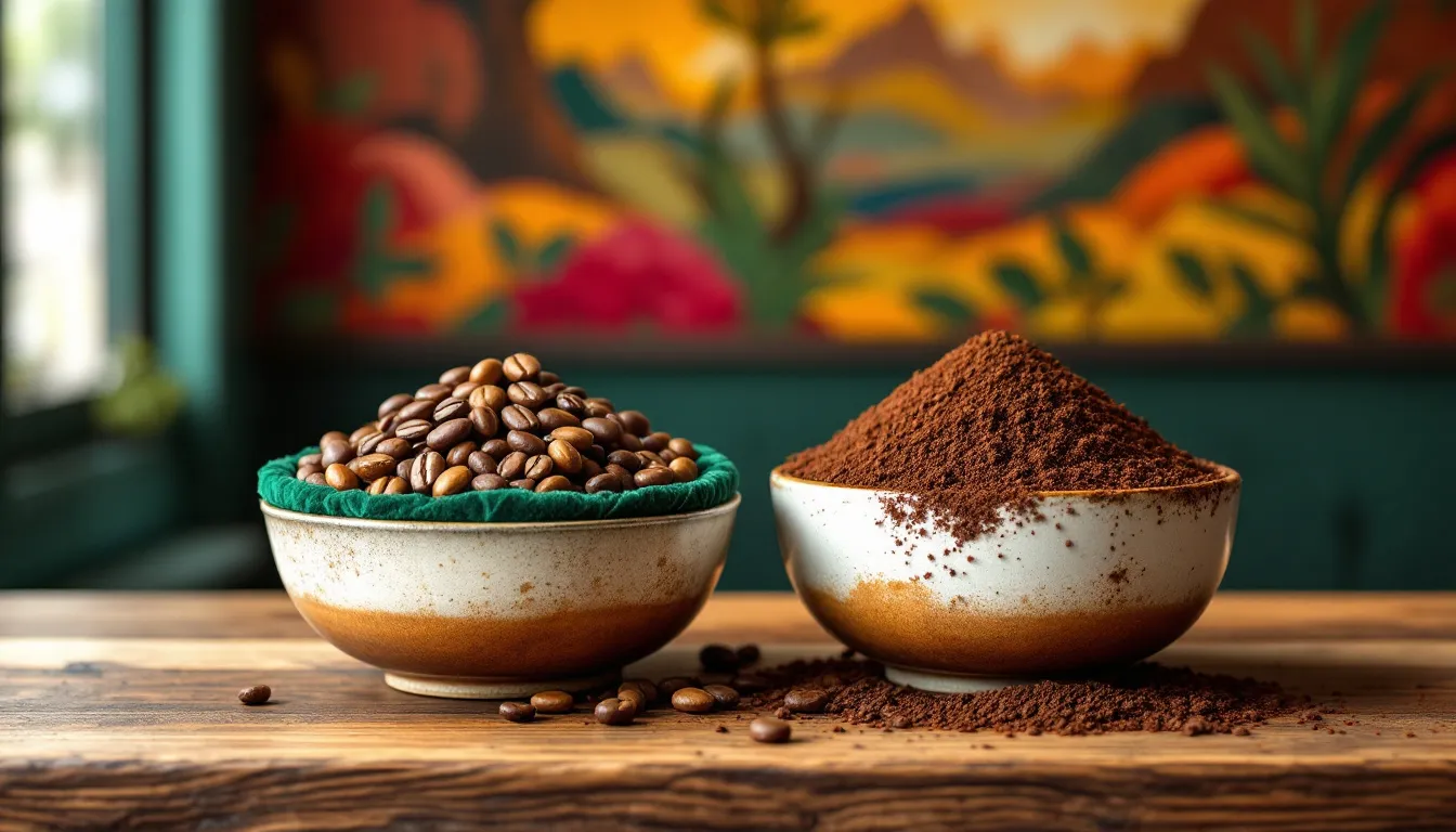 A comparison of whole bean and ground coffee side by side.