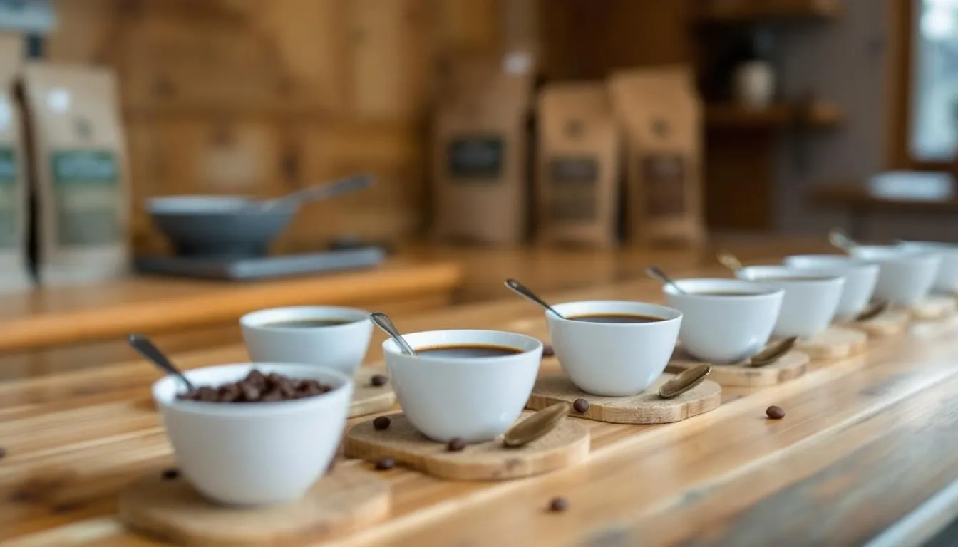 In the image, there is a coffee cupping setup featuring multiple small cups filled with different Ethiopian coffees, showcasing a variety of flavors and aromas. The arrangement highlights the unique characteristics of Ethiopian coffee beans, including their bright acidity and floral notes, inviting a sensory exploration of the best Ethiopian coffee.