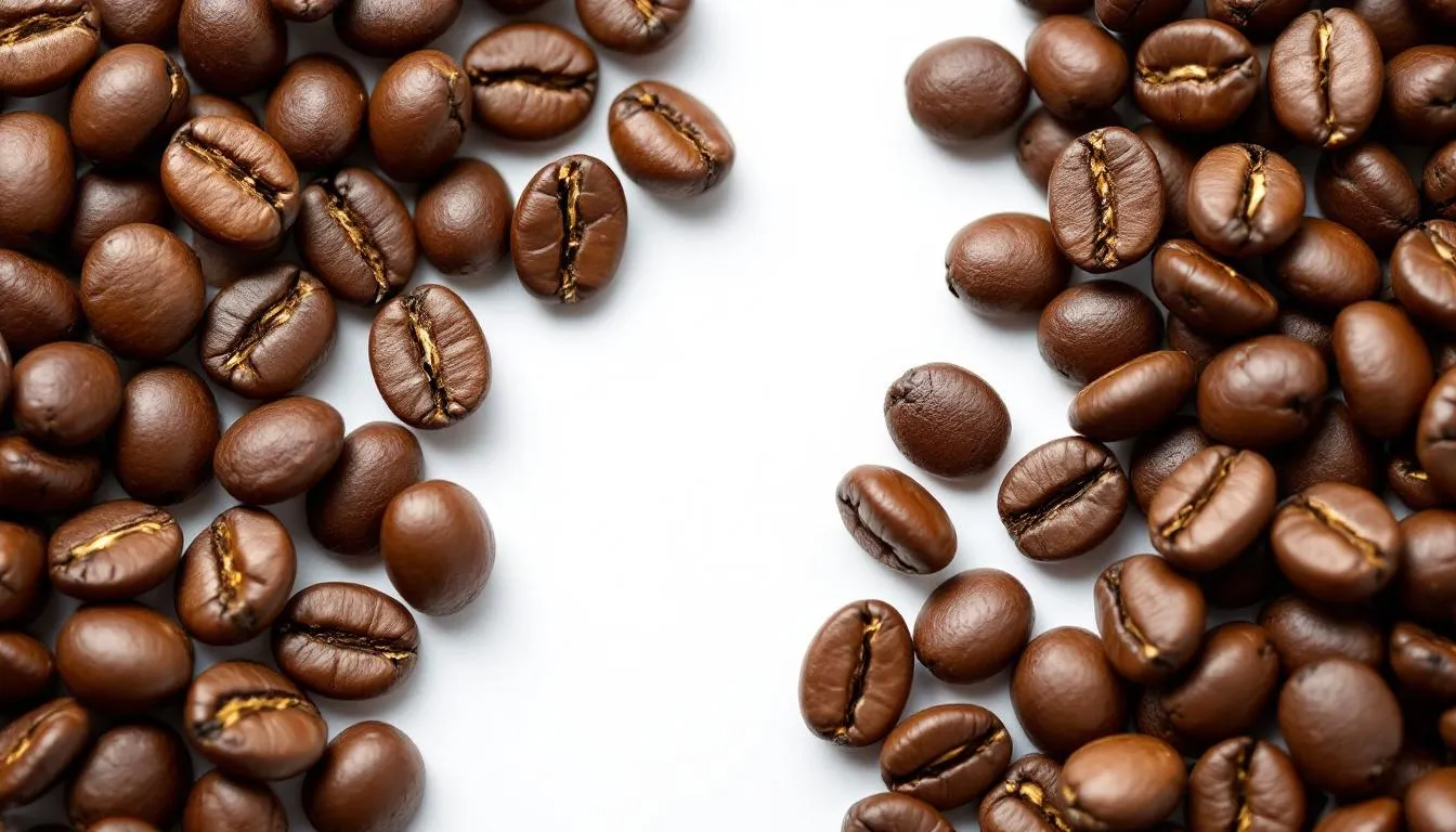 The image shows a side-by-side comparison of fresh, glossy coffee beans that glisten with natural oils next to dull, matte stale coffee beans, illustrating the difference in freshness and quality. This visual highlights the importance of proper coffee storage to maintain flavor and aroma, as the shelf life of coffee beans decreases significantly once they become stale.