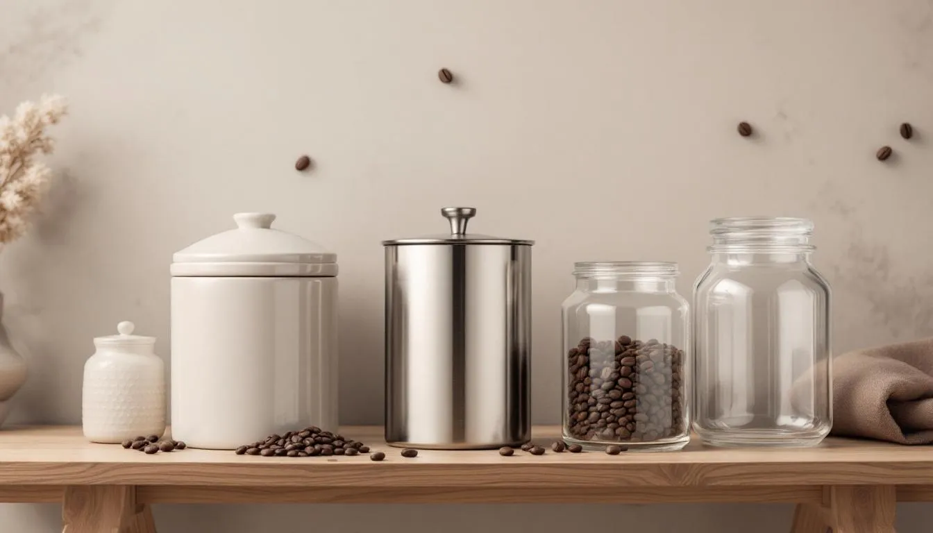 The image features a variety of coffee storage containers, including ceramic, steel, and glass options, designed to keep coffee beans fresh. These airtight containers help maintain the flavor and aroma of whole and ground coffee beans, ensuring their shelf life is maximized.